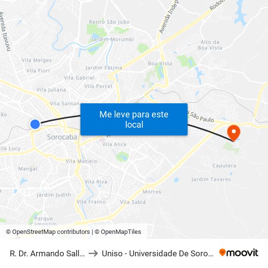 R. Dr. Armando Salles De Oliveira, 72 to Uniso - Universidade De Sorocaba Cidade Universitária map