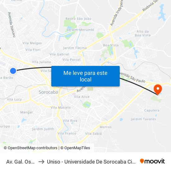 Av. Gal. Osório, Sn to Uniso - Universidade De Sorocaba Cidade Universitária map