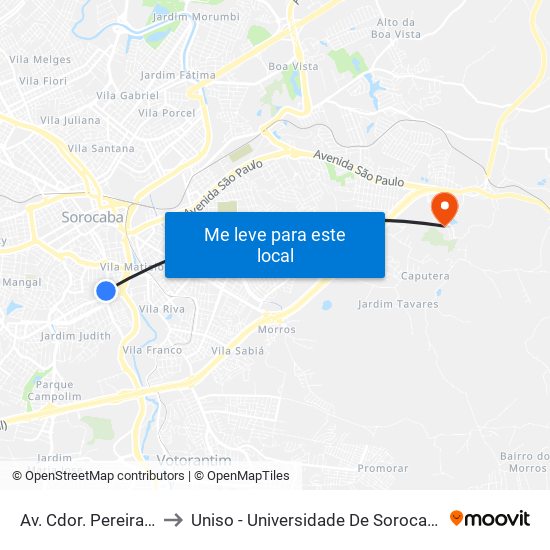 Av. Cdor. Pereira Ignácio, 455 to Uniso - Universidade De Sorocaba Cidade Universitária map