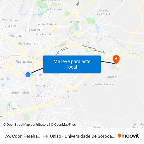 Av. Cdor. Pereira Ignácio, 105 to Uniso - Universidade De Sorocaba Cidade Universitária map