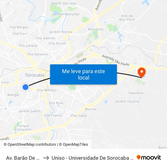 Av. Barão De Tatuí, 187 to Uniso - Universidade De Sorocaba Cidade Universitária map