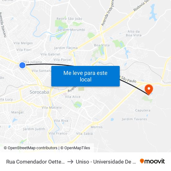 Rua Comendador Oetterer - Disk Água Comendador to Uniso - Universidade De Sorocaba Cidade Universitária map