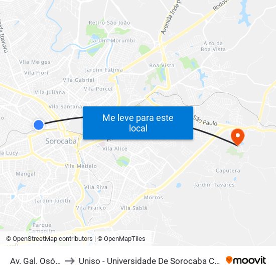 Av. Gal. Osório, 339 to Uniso - Universidade De Sorocaba Cidade Universitária map
