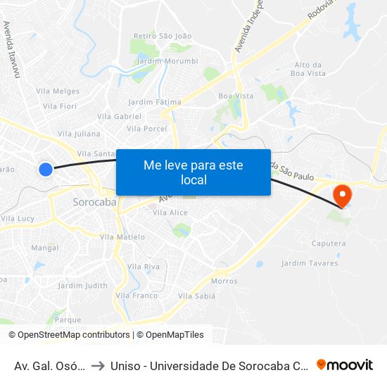 Av. Gal. Osório, 837 to Uniso - Universidade De Sorocaba Cidade Universitária map