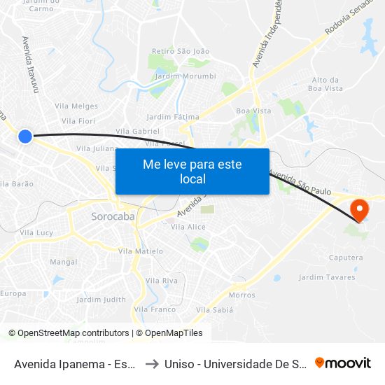 Avenida Ipanema - Escola João Francisco Rosa to Uniso - Universidade De Sorocaba Cidade Universitária map
