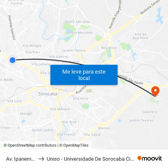 Av. Ipanema, 1060 to Uniso - Universidade De Sorocaba Cidade Universitária map