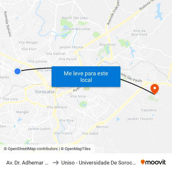 Av. Dr. Adhemar De Barros, 310 to Uniso - Universidade De Sorocaba Cidade Universitária map