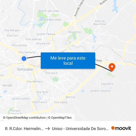 R. R.Cdor. Hermelino Matarazzo, 414 to Uniso - Universidade De Sorocaba Cidade Universitária map