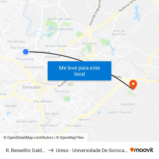 R. Benedito Galdino Barros, Sn to Uniso - Universidade De Sorocaba Cidade Universitária map