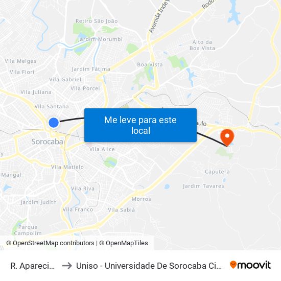 R. Aparecida, 345 to Uniso - Universidade De Sorocaba Cidade Universitária map