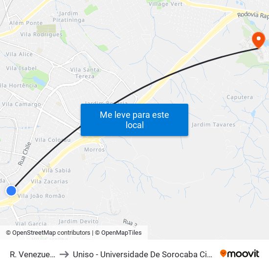 R. Venezuela, 730 to Uniso - Universidade De Sorocaba Cidade Universitária map