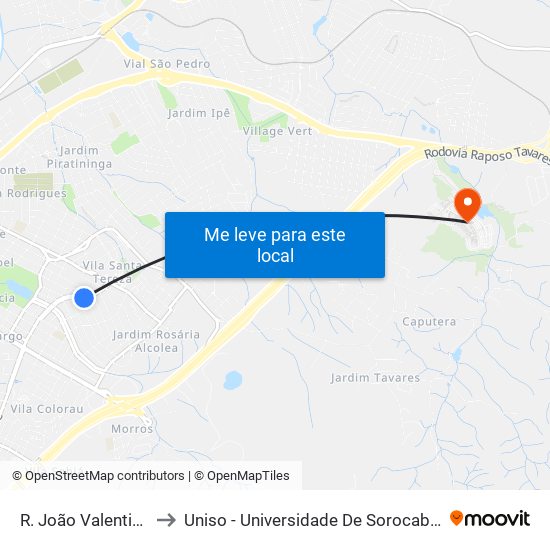 R. João Valentino Joel, 722 to Uniso - Universidade De Sorocaba Cidade Universitária map