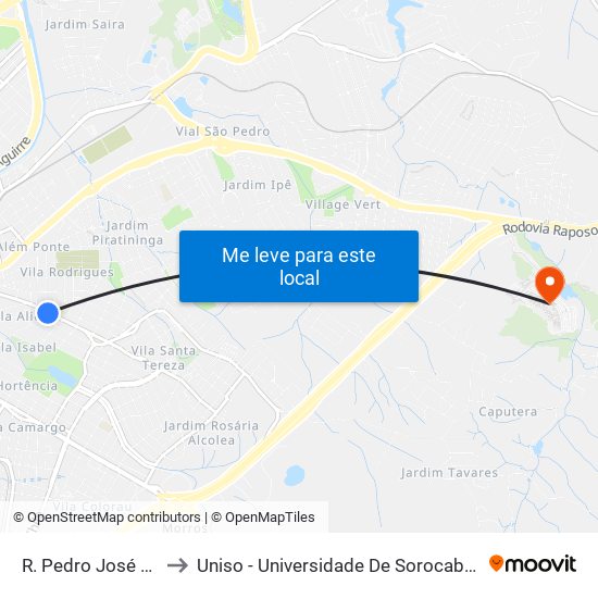 R. Pedro José Senger, 764 to Uniso - Universidade De Sorocaba Cidade Universitária map