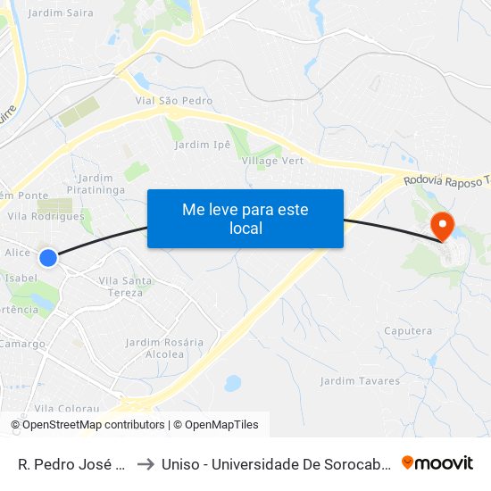 R. Pedro José Senger, 929 to Uniso - Universidade De Sorocaba Cidade Universitária map