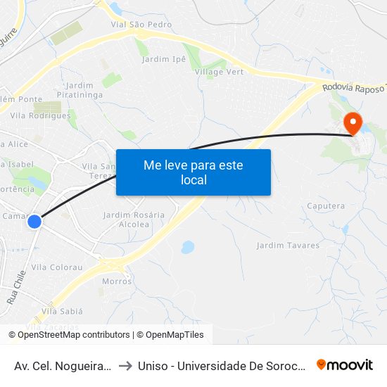 Av. Cel. Nogueira Padilha, 1770 to Uniso - Universidade De Sorocaba Cidade Universitária map