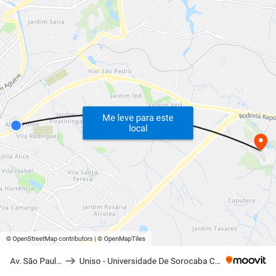 Av. São Paulo, 1317 to Uniso - Universidade De Sorocaba Cidade Universitária map