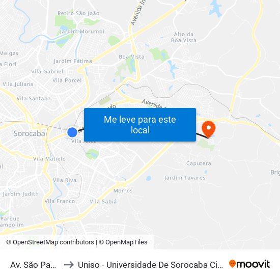 Av. São Paulo, 825 to Uniso - Universidade De Sorocaba Cidade Universitária map