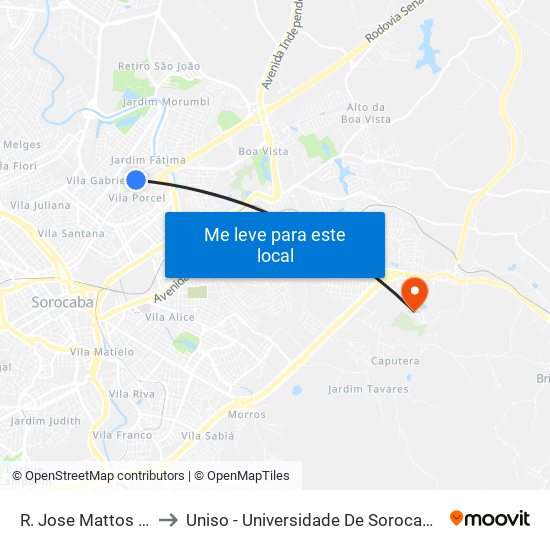 R. Jose Mattos Correia, 144 to Uniso - Universidade De Sorocaba Cidade Universitária map