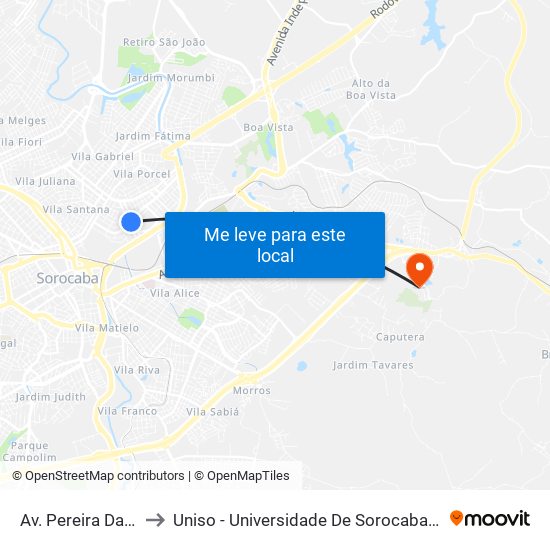 Av. Pereira Da Silva, 797 to Uniso - Universidade De Sorocaba Cidade Universitária map