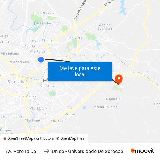 Av. Pereira Da Silva, 1300 to Uniso - Universidade De Sorocaba Cidade Universitária map