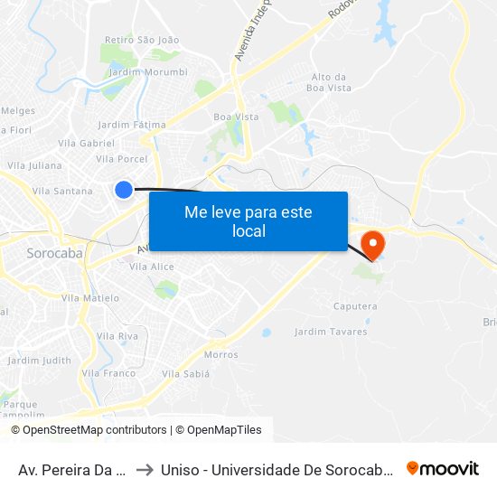 Av. Pereira Da Silva, 1144 to Uniso - Universidade De Sorocaba Cidade Universitária map