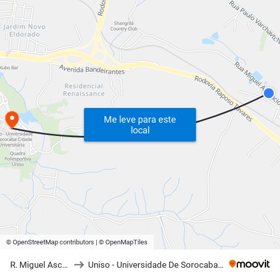 R. Miguel Ascêncio, 706 to Uniso - Universidade De Sorocaba Cidade Universitária map