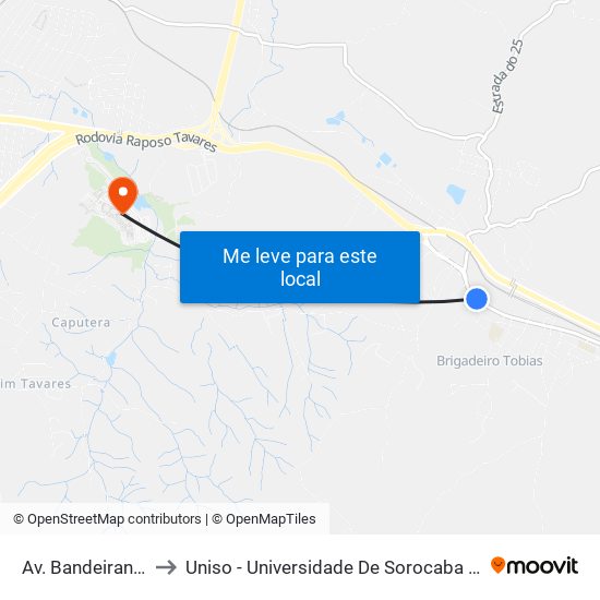 Av. Bandeirantes, 3557 to Uniso - Universidade De Sorocaba Cidade Universitária map