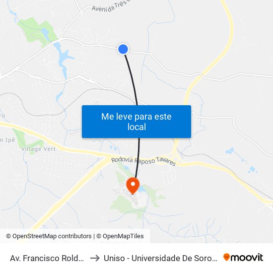 Av. Francisco Roldão Sanches, 2215 to Uniso - Universidade De Sorocaba Cidade Universitária map