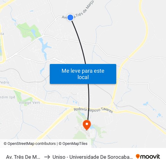 Av. Três De Março, 2470 to Uniso - Universidade De Sorocaba Cidade Universitária map