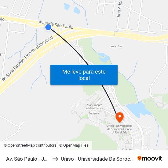 Av. São Paulo - João Salerno , Sn to Uniso - Universidade De Sorocaba Cidade Universitária map