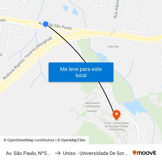 Av. São Paulo, Nº5235 (Hosp. Mental) to Uniso - Universidade De Sorocaba Cidade Universitária map
