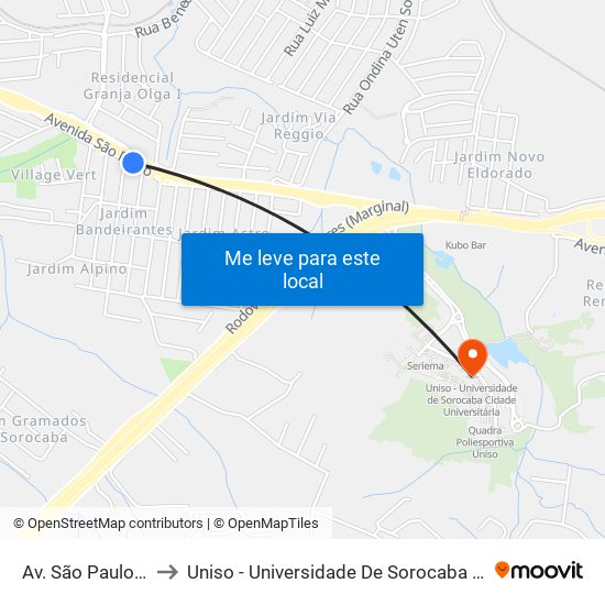 Av. São Paulo, Nº4.681 to Uniso - Universidade De Sorocaba Cidade Universitária map