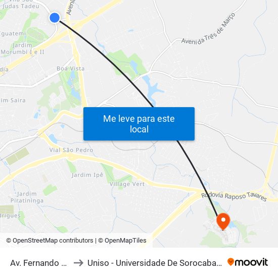 Av. Fernando Stecca, Sn to Uniso - Universidade De Sorocaba Cidade Universitária map