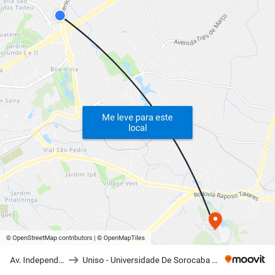 Av. Independência, Sn to Uniso - Universidade De Sorocaba Cidade Universitária map