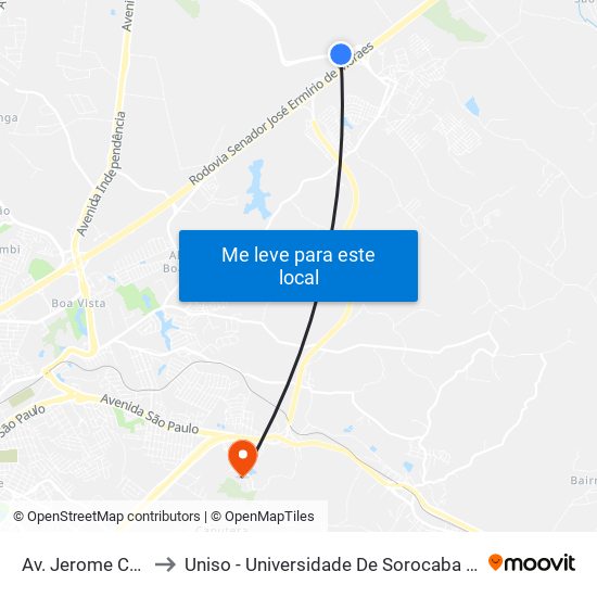 Av. Jerome Case, 1300 to Uniso - Universidade De Sorocaba Cidade Universitária map