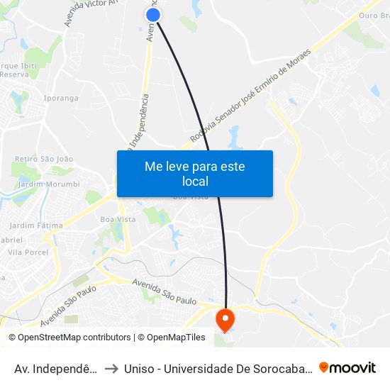 Av. Independência, 4193 to Uniso - Universidade De Sorocaba Cidade Universitária map