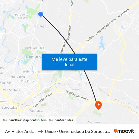 Av. Victor Andrews, 1300 to Uniso - Universidade De Sorocaba Cidade Universitária map