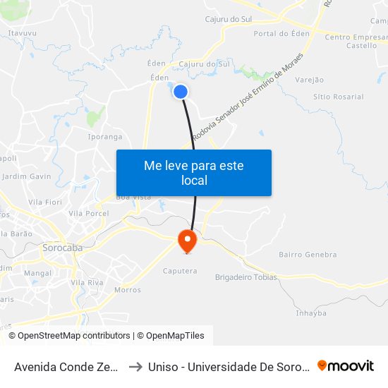 Avenida Conde Zeppelin, 1638-1834 to Uniso - Universidade De Sorocaba Cidade Universitária map