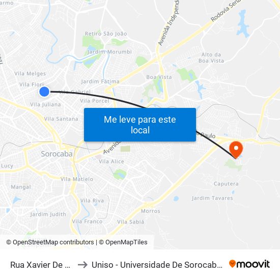 Rua  Xavier De Toledo, 328 to Uniso - Universidade De Sorocaba Cidade Universitária map