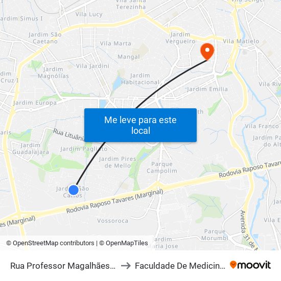 Rua  Professor Magalhães De Noronha, 466 to Faculdade De Medicina De Sorocaba map