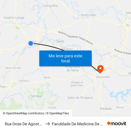 Rua Onze De Agosto, 1236 to Faculdade De Medicina De Sorocaba map