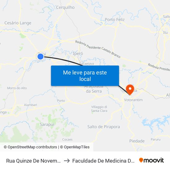 Rua Quinze De Novembro, 1107 to Faculdade De Medicina De Sorocaba map