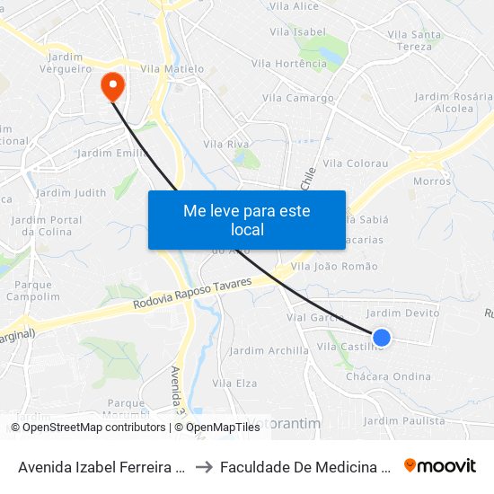 Avenida Izabel Ferreira Coelho, 150 to Faculdade De Medicina De Sorocaba map