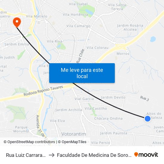 Rua Luiz Carrara, 38 to Faculdade De Medicina De Sorocaba map