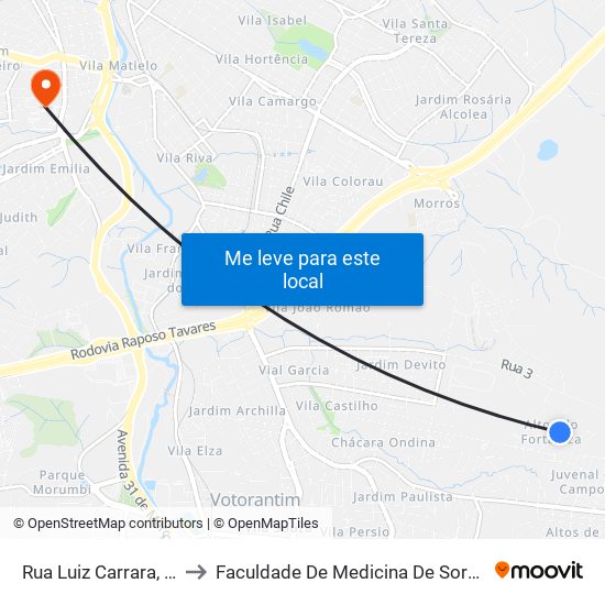 Rua Luiz Carrara, 304 to Faculdade De Medicina De Sorocaba map