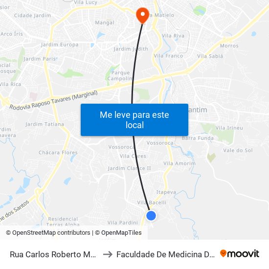 Rua Carlos Roberto Machado, 98 to Faculdade De Medicina De Sorocaba map