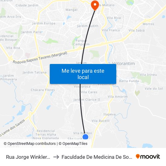 Rua Jorge Winkler, 414 to Faculdade De Medicina De Sorocaba map