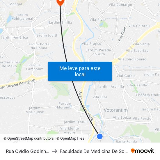 Rua Ovídio Godinho, 58 to Faculdade De Medicina De Sorocaba map