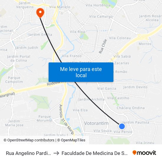Rua Angelino Pardini, 50 to Faculdade De Medicina De Sorocaba map