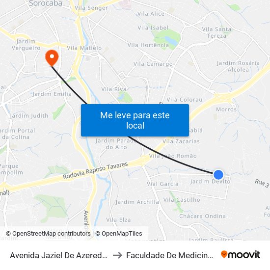 Avenida Jaziel De Azeredo Ribeiro, 1201 to Faculdade De Medicina De Sorocaba map